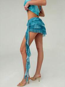 Aloruh Women's Summer Beach Vacation Tie-Dye Print Low Waist Asymmetrical Layered Ruffle Hem Skirt Summer Summer Summer For Women Summer Holiday Vacation Vacation Women Holiday For Women Summer Holiday Vacation For Women Summer Vacation Beach Vacation For Women - Blue - View 7