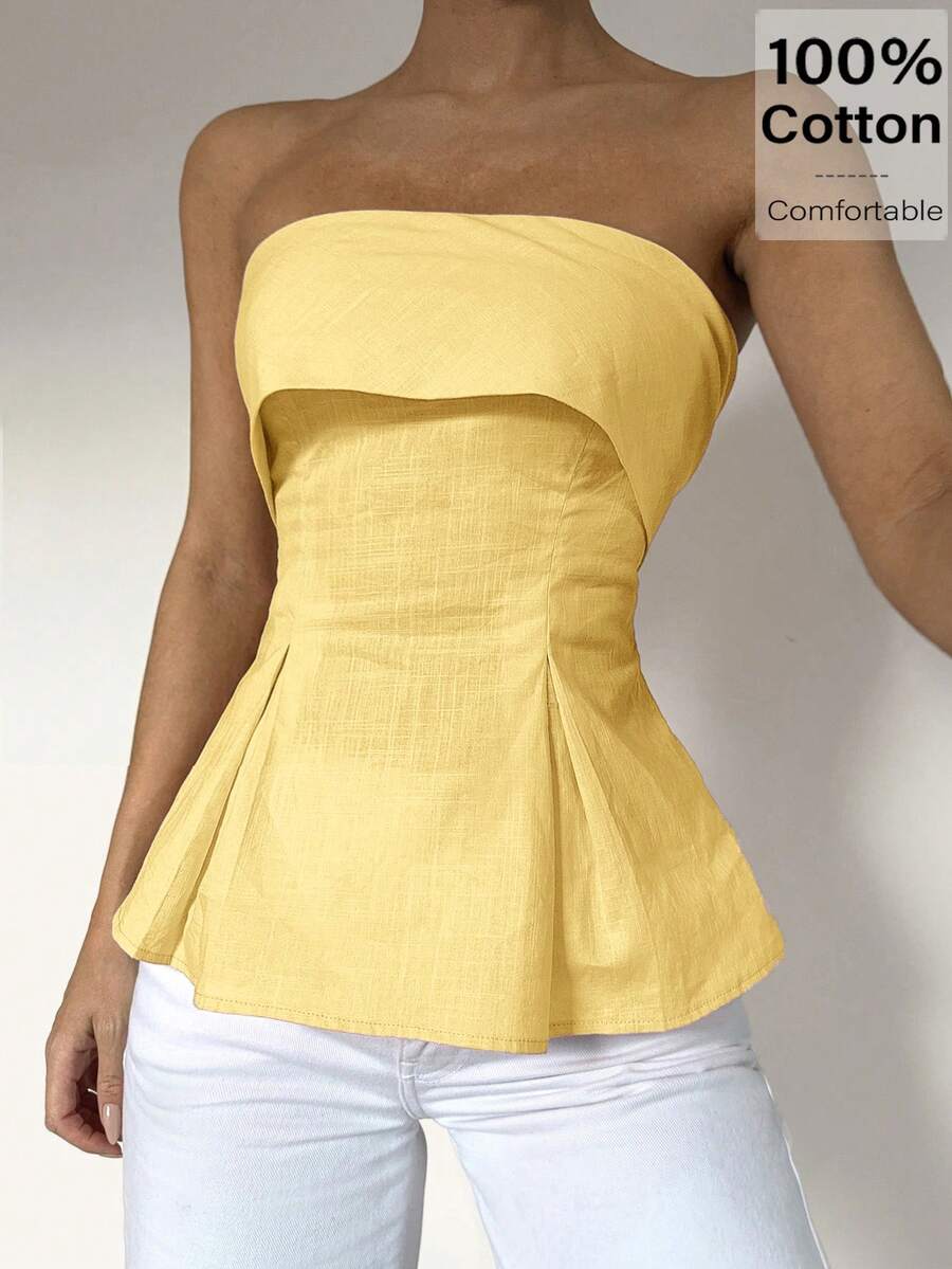 Siren Gaze 亚麻棉质抹胸荷叶边上衣：凸显腰线的波西米亚风职场装 | Old Money Elegance 2025 夏季新品发布 | 日夜转换与职场魅惑风格 - 黃色 - 查看 1