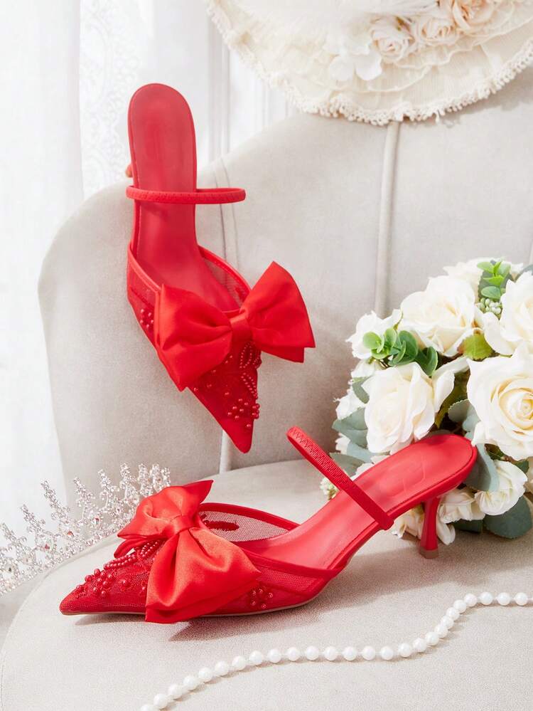 CUCCOO HITCHD Women's Elegant Pointy Toe Slingback High Heels With Beaded Mesh, Romantic Lace Design, Black Color, Suitable For Weddings, Parties, Formal Occasions Valentine's Day Elegant Shoes