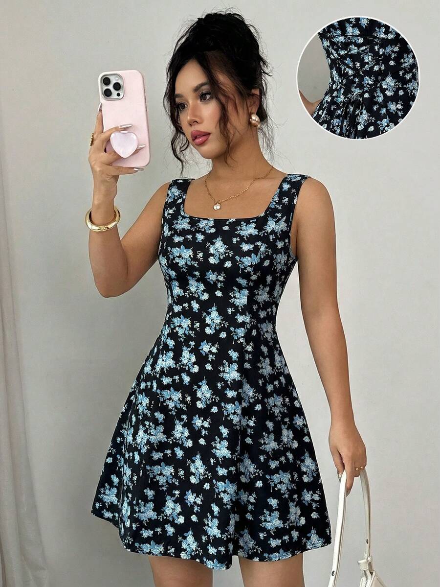 Rafferiza Đầm chữ A không tay dành cho nữ, họa tiết hoa nhí, cổ vuông và thắt eo. - màu đen - Xem 1