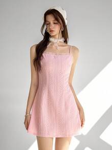 Ardnt 迷人的法式公主风吊带连衣裙，精致的粉色蕾丝边饰搭配提花面料，优雅的夏季连衣裙，适合年轻女士。 - 粉色 - 查看 5