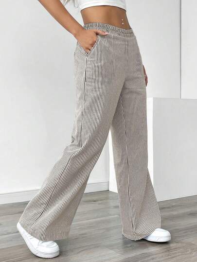 EMERY ROSE Plus Size Casual Portrait Linen Striped Elastic Waist Pants