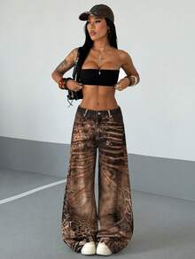 StreetHx 女士撞色豹纹斜插口袋时尚阔腿牛仔裤 - 彩色 - 查看 3