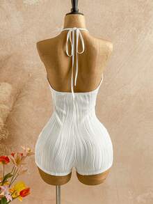 Soleia Bộ áo liền quần mùa hè gợi cảm dành cho nữ, kiểu dáng đi biển, màu trơn, chất liệu vải có họa tiết, hở lưng, buộc dây phía trước. - trắng - Xem 2