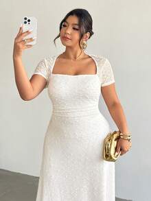 Firerie 大码女士优雅天鹅领针织纹理A字提花网纱性感约会褶裥长连衣裙，适合办公室穿着 - 杏色 - 查看 5