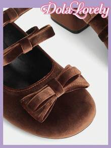 Dola Lovely Women's Brown Sweet Velvet Round Toe High Heel Pumps With Multiple Bow Straps, Low Heel Lolita Style Cute Soft Shoes For Daily Wear And Dates Valentine's Day - Rust Brown - View 2