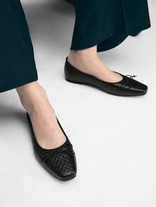 Mnmlis Zapatos planos de punta cuadrada con patrón de rombo francés, zapatos de lujo de alta calidad para el transporte - Negro - Ver 1