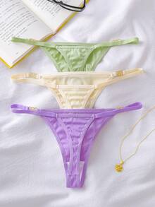 Snug Zone 3 pièces/set Culottes tanga sexy avec décoration métallique de couleur unie pour un port quotidien pour femmes - Multicolore - Voir 2