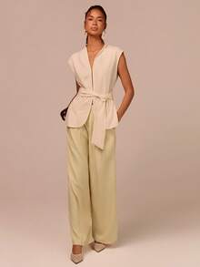 COSMINA Elegant Pleated Office/Casual Wear Yellow Pants - Yellow - View 3