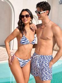 Manfinity VDAYZ 男士休闲鱼纹抽绳腰沙滩短裤 - 藏蓝色 - 查看 6