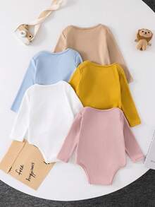 SHEIN 5pcs Baby Boy/Girl High Stretch Overlapping Shoulder Loose Brushed Fleece Soft Cartoon Bear & Dog Animal Print Knitted Romper - Multicolor - View 2