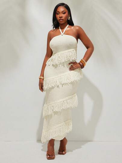 Radiana Plus Size Women's Spring/Summer Sexy Fashion Elegant Vacation Halter Fringe Asymmetric Design Bodycon Knit Dress, Suitable For Everyday Wear, BOHO, Bohemian, Outing, Resort, Beach Vacation, Holiday, Seaside, Western Wear, Music Festival, Concert, Carnival Party, Richly Layered, Date Night, Ibiza, Nashville, Break, Modest, Chic, Club, Cute, Casual, Shopping, Streetwear, Going Out, Easy To Match & Looks Slim, Accent Your Body, Flatter The Figure
