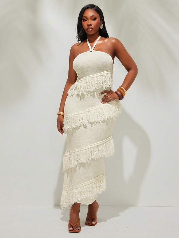 Radiana Plus Size Women's Spring/Summer Sexy Fashion Elegant Vacation Halter Fringe Asymmetric Design Bodycon Knit Dress, Suitable For Everyday Wear, BOHO, Bohemian, Outing, Resort, Beach Vacation, Holiday, Seaside, Western Wear, Music Festival, Concert, Carnival Party, Richly Layered, Date Night, Ibiza, Nashville, Break, Modest, Chic, Club, Cute, Casual, Shopping, Streetwear, Going Out, Easy To Match & Looks Slim, Accent Your Body, Flatter The Figure