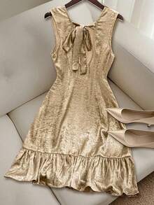 SHEIN Clasi Plus Size Women's Elegant Champagne Summer Formal Dress,Metallic Shiny Pearl Decor Round Neck Sleeveless Foil-Print Vintage Short Dress For Party - Gold - View 2