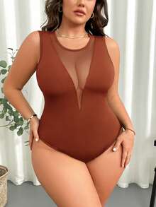 SHEIN Privé Plus Size Women Comfortable Casual Elegant Vacation & Commute Mesh Patchwork Sexy Elastic Sleeveless Bodysuit, Spring/Summer - Brown - View 4
