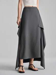 Ontre 2026春夏新款深灰色波浪褶裥半身裙，适合现代都市派对、返校季、都市简约休闲日常穿着、波西米亚风格、度假、节日等场合，春季女装半身裙 - 深灰色 - 查看 4