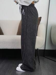 SAYEHFBABY Damen Lässig Retro Punk Y2K vielseitige Cross Weiß Muster Taille Gewaschen Grau Gerade Bein Jogginghose, bequem und warm für Herbst/Winter - Schwarz - Übersicht 4