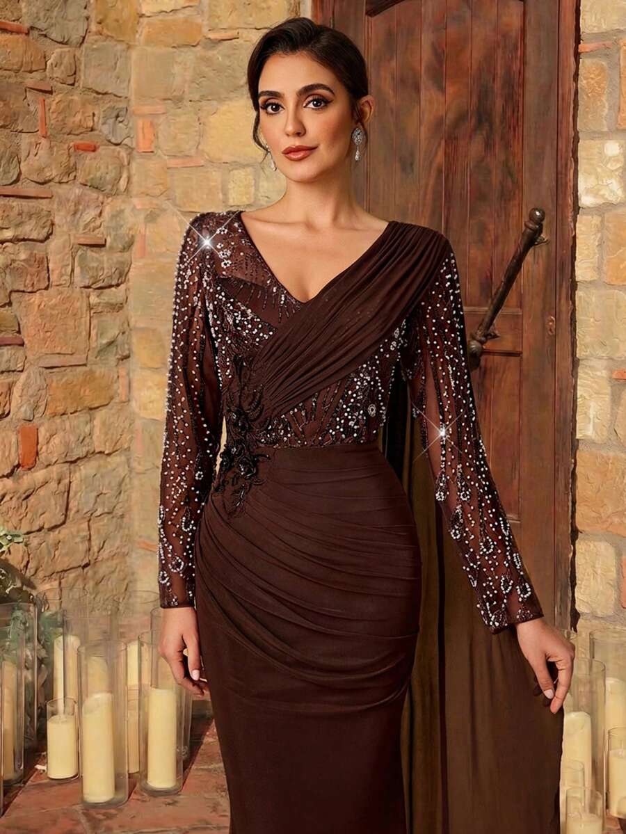 Serin Elegantes, luxuriöses Kleid mit kaffeebrauner, schwer bestickter, perlenbesetzter Paillettenverzierung, Patchwork-Elastikstrick-Mesh-Transparentärmel, Meerjungfrauenrüschen-Volants, geeignet für Hochzeit, Party, Urlaub, Braut, Brautmutter Abendkleid - Kaffeebraun - Übersicht 1
