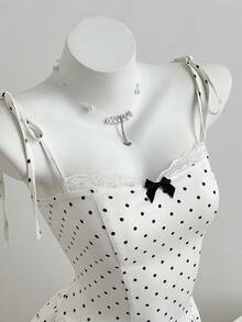 Elamini Y2K Cute Waist Cinched Polka Dot Print Mini Dress - Black and White - View 4