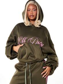 SUMWON WOMEN Áo Hoodie Oversized in chữ Off Duty, dây rút, túi giữa, phong cách đường phố thường ngày, áo nỉ chui đầu mùa đông thu. - xanh quân đội - Xem 1
