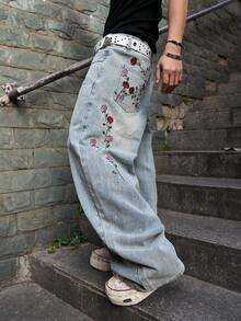 Manfinity EMRG Men's Casual Street Style Patchwork Embroidered Blue Denim Jeans - Light Wash - View 5