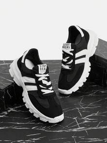 Vate Women's White Mesh & Suede Platform Sneakers With Black Stripes – Comfortable Outdoor Casual Shoes - Black and White - View 1