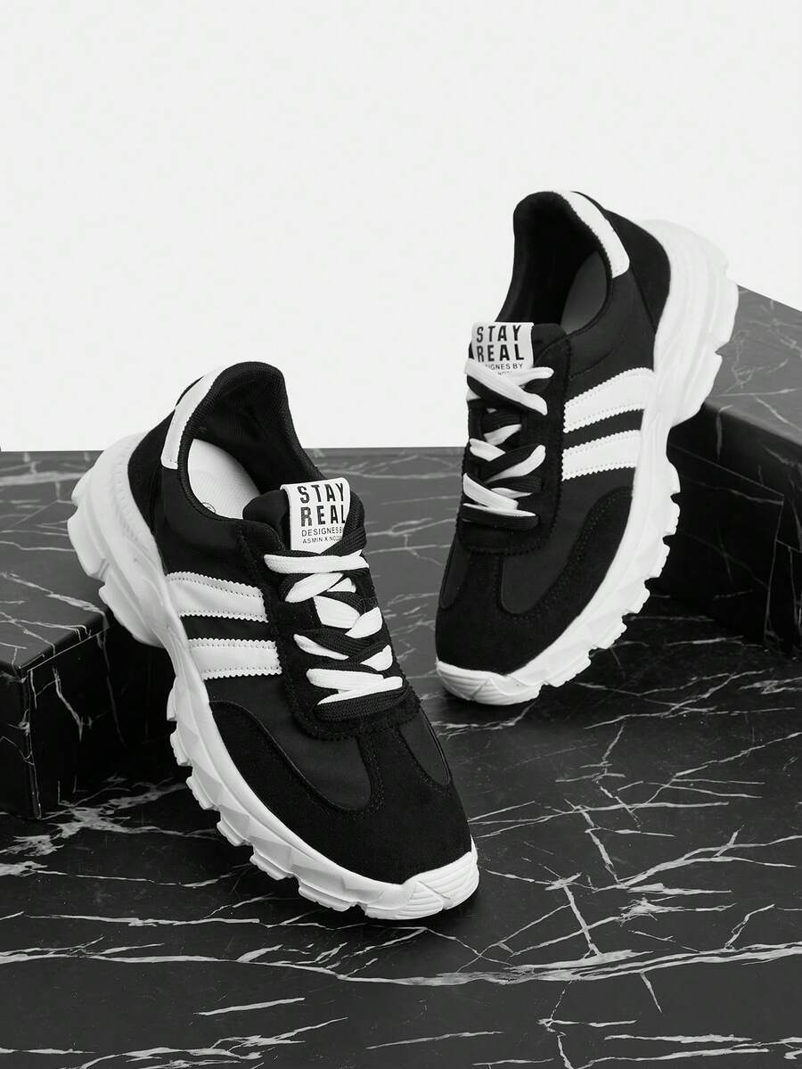 Vate Women's White Mesh & Suede Platform Sneakers With Black Stripes – Comfortable Outdoor Casual Shoes - Black and White - View 1