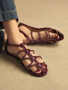 Women's Burgundy French Style Flat Strap Shoes, Fashionable For Daily Wear, Spring/Summer - Burgundy - View 4