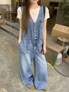 FRIFUL Women's V-Neck Pocketed Casual Versatile Everyday Denim Jumpsuit With Wide Leg - Blue - View 5