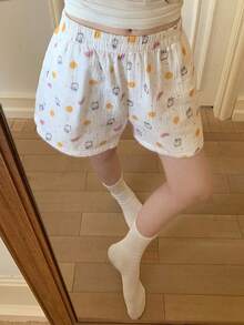 DAZY Cute Cartoon Bear & Fruit Print Textured Fabric Short Women Pajama Bottoms - White - View 14