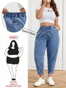 SHEIN CURVE+ 大码女式休闲高腰斜插口袋修身牛仔裤，百搭实用，适合日常通勤、春夏季节、情人节、嘉年华、毕业季、时尚Y2K风、可爱街头风、派对、婚礼、优雅商务休闲等场合。舒适宽松的蓝色弹力水洗牛仔裤，专为女性设计。 - 藍色 - 查看 1