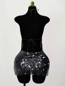 EgrlEra Vestido súper corto con escote de halter y adornos de strass, adecuado para fiestas y reuniones de vacaciones - Negro - Ver 2