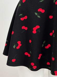 Elamini Black Base With Red Cherry Print Halter Backless Ruffle Strap Pleated Bust Sleeveless Dress - Multicolor - View 4