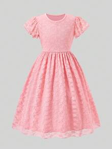 Sweet Style Yellow Lace A-Line Cap Sleeve Dress For Tween Girls, Lightweight For Spring/Summer, Suitable For Holidays And Daily Wear - Baby Pink - View 3
