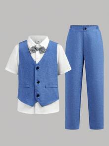 SHEIN 3pcs Tween Boy Structured Vest, Short Sleeve Shirt, And Pants Set - Blue - View 5
