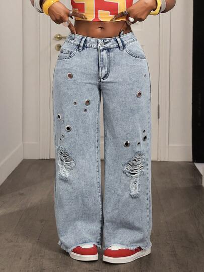 BamGleam Women's Casual Versatile Pocket Button Eyelet Distressed Wide Leg Jeans, Suitable For Daily Wear