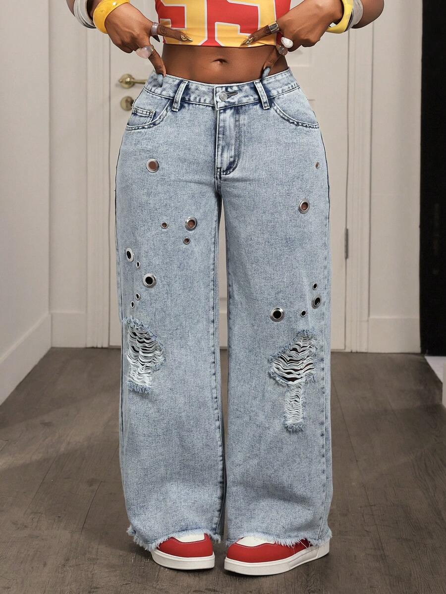 BamGleam Women's Casual Versatile Pocket Button Eyelet Distressed Wide Leg Jeans, Suitable For Daily Wear - Light Wash - View 1