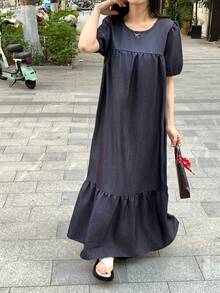 女士休闲宽松长连衣裙，圆领，短泡泡袖，荷叶边下摆 - 藍色 - 查看 7