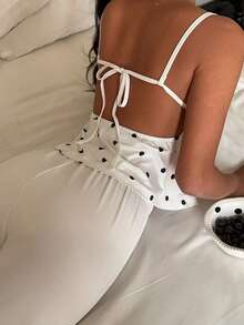 Lowkey Lull Women's Polka Dot Print Lace Patchwork Camisole And Long Pants Pajama Set - White - View 2
