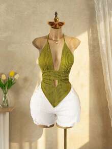 Mistrie Áo hở vai cổ chữ V khoét sâu màu trơn gợi cảm mùa hè có dây đeo, áo ngực màu xanh lá cây, ren, hở hang, thắt nút, - màu xanh lá - Xem 7