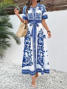 Breezaya Shirt Collar Button Print Belted Women Long Dress - Blue - View 5