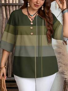 EMERY ROSE Women's Striped Print Cutout Neck Casual Vacation Shirt - Green - View 6