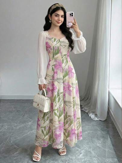 SHEIN 少女紫色雪纺印花拼接长袖荷叶边连衣裙，优雅假日度假装，春夏款