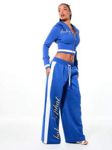 BABYPHAT Wide Leg Joggers With Side Panel Stripe Detail And Logo Script Print Drawstring Waistband Elastic Ankle Comfort Sweatpants - Blue - View 5