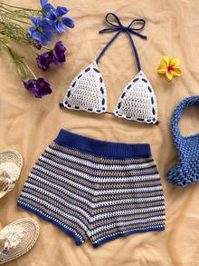 Soleia Plus Size Spring/Summer Casual Vacation Western Beach Wedding Guest Attire, Graduation Brunch, St. Patrick's Day Spring Break, Easter, Music Festival, Elegant Boho Tropical Chic Blue Striped Knit 2 Pieces Set,Summer Outfits,Spring Outfit Women, Festival Outfits For Women,Beach Outfits For Women ,Beach Vacation Outfits For Women, - Multicolor - View 6