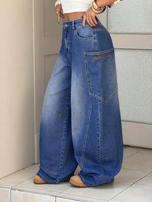 SHEIN Women's Fashion Casual Washed Slant Pocket Loose Fit Jeans - Blue - View 6