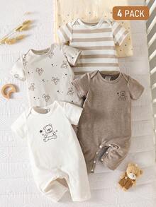 SHEIN 4件套新生儿可爱小熊印花纯棉连体衣，短袖连体裤，夏季款 - 彩色 - 查看 4