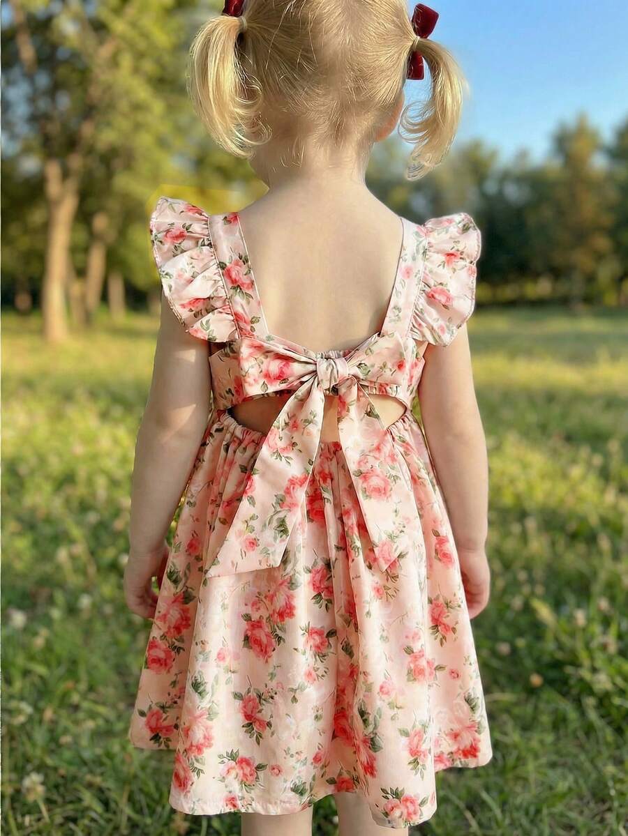 SHEIN Baby Girl/Toddler Girl Sleeveless Ditsy Floral Ruffled Backless Dress With Detachable Bow Tie And Hollow Waist, Fashion, Sweet, Cute, Casual, Beach, Outing, Countryside, Daily Wear, Party, Suitable For Multiple Occasions Summer Spring To Summer Vintage - Pink - View 1