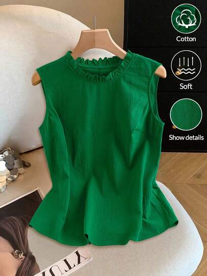 GlowEve CURVE Blusa casual de mujer talla grande con cuello redondo, volantes y sin mangas, color verde sólido, versátil para uso diario, nueva llegada de verano