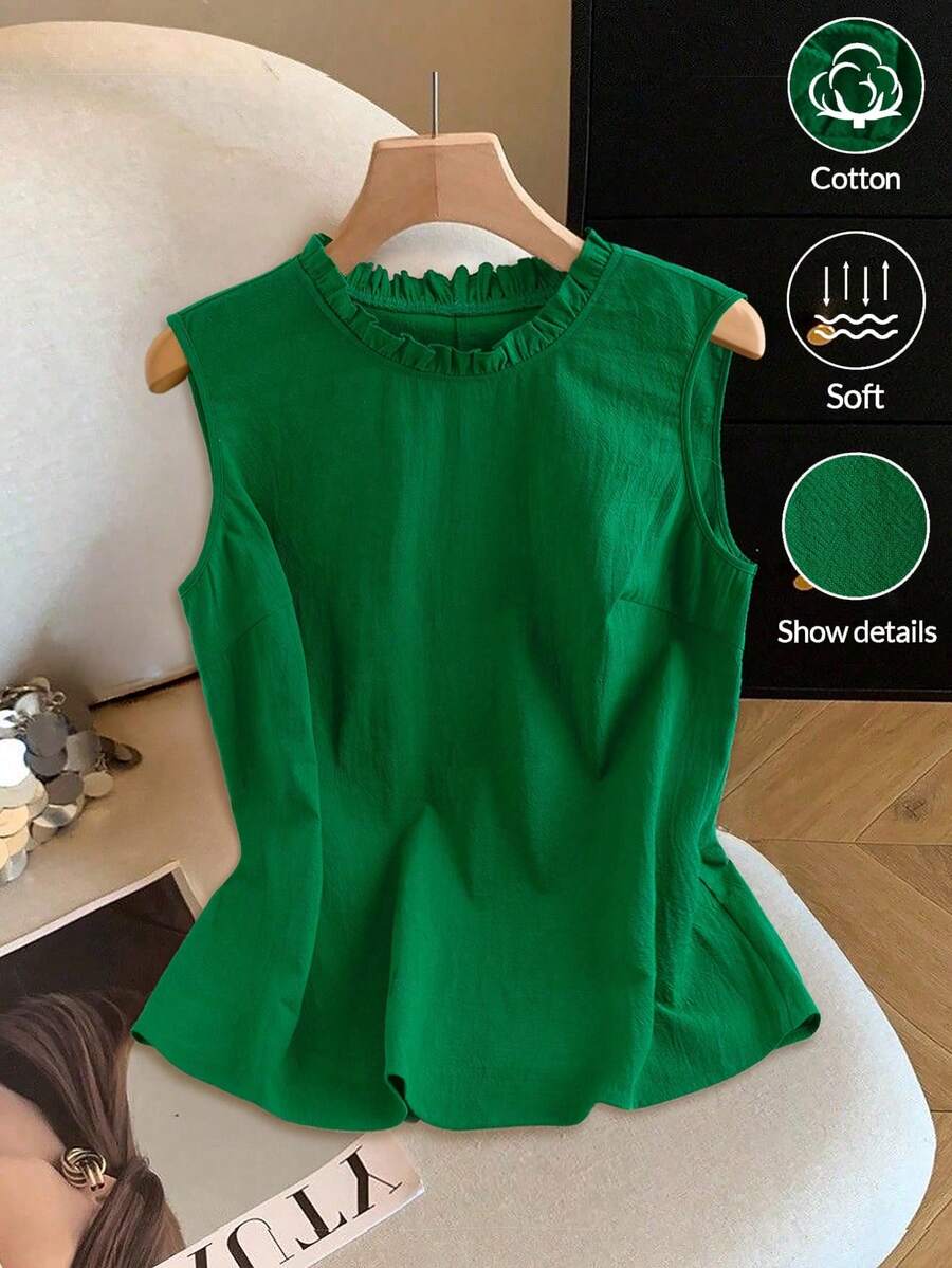GlowEve CURVE 大码女式复古纯色绿色圆领荷叶边无袖休闲衬衫,日常百搭,夏季新品 - 綠色 - 查看 1